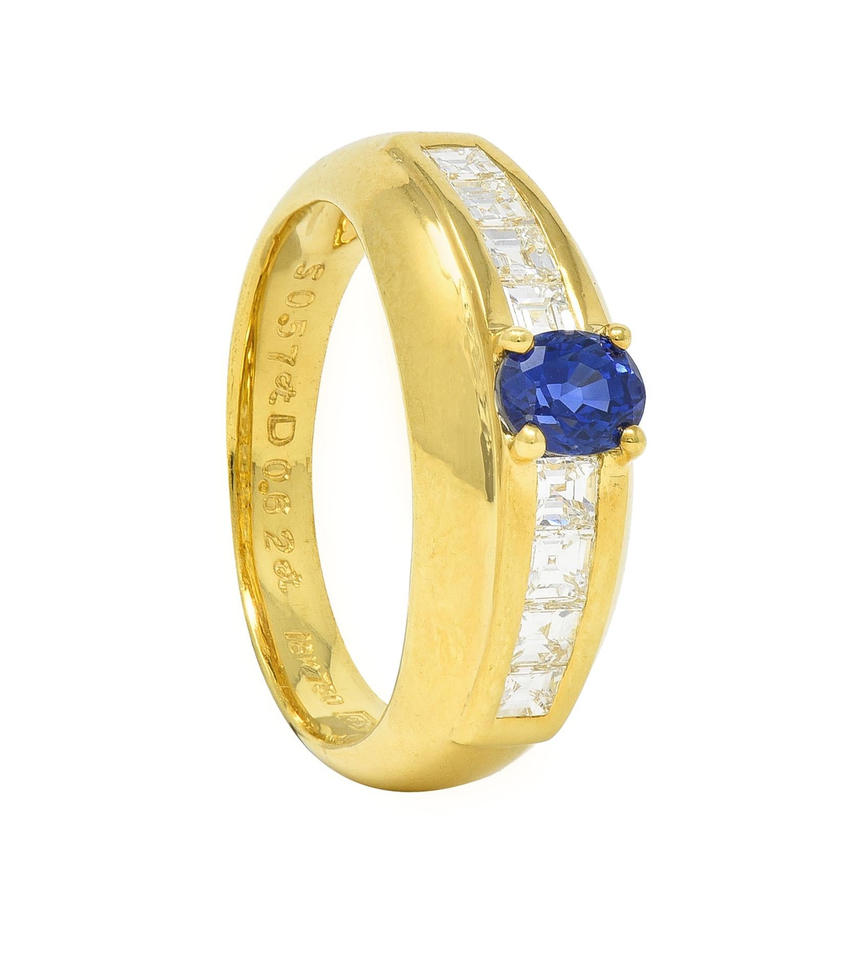 1980's 1.19 CTW Sapphire Diamond 18 Karat Yellow Gold Vintage Gemstone Ring For Sale 6