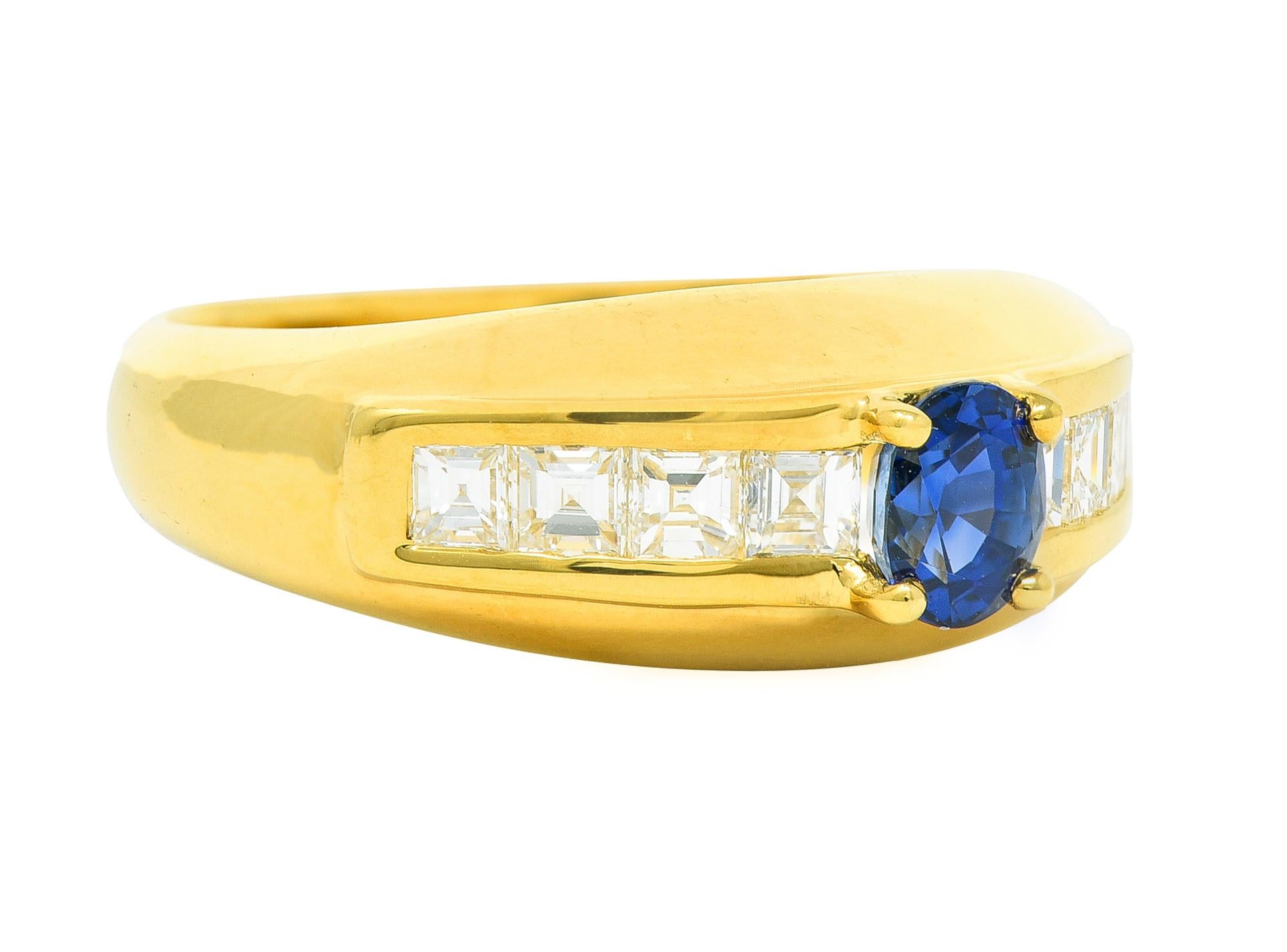 Oval Cut 1980's 1.19 CTW Sapphire Diamond 18 Karat Yellow Gold Vintage Gemstone Ring For Sale