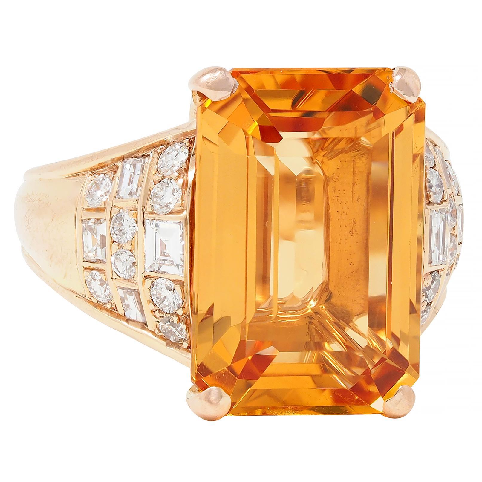 Emerald Cut 1980's 12.25 CTW Imperial Topaz Diamond 14 Karat Gold Vintage Cocktail Ring For Sale