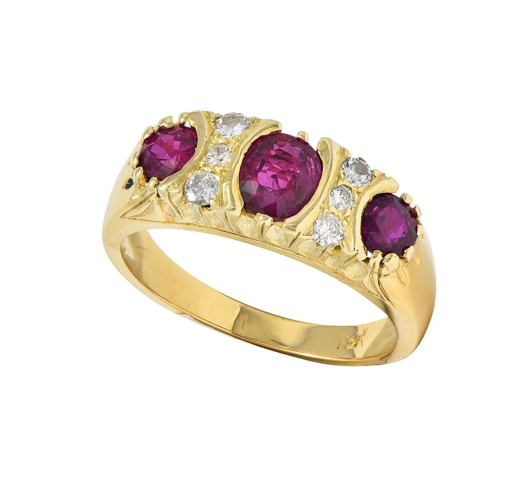 1980's 1.25 CTW Ruby Diamond 18 Karat Yellow Gold Vintage Band Ring For Sale 6