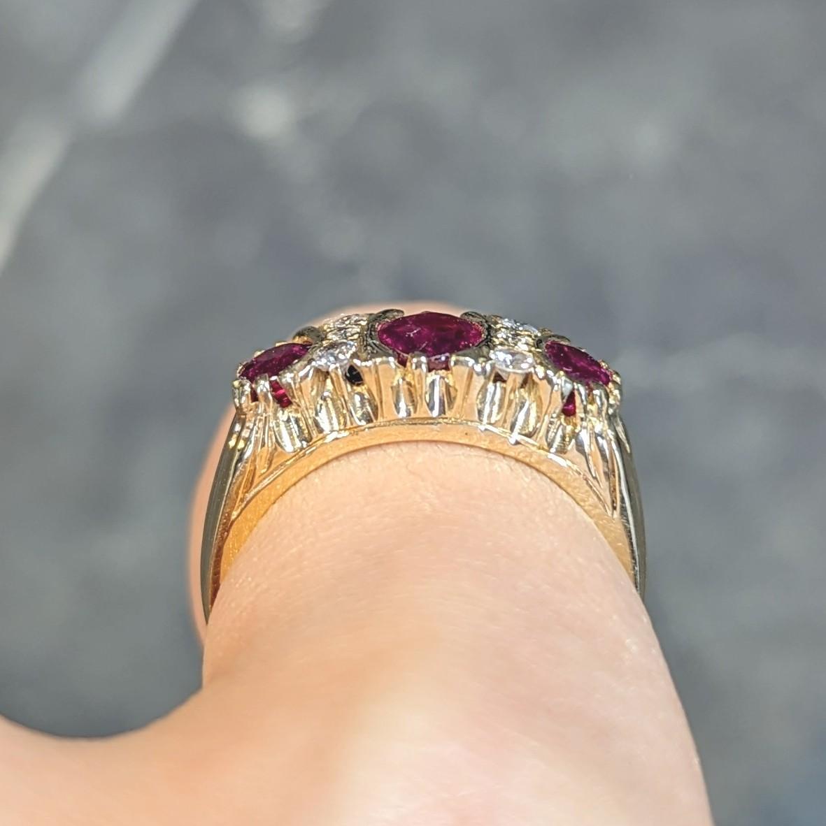 1980's 1.25 CTW Ruby Diamond 18 Karat Yellow Gold Vintage Band Ring For Sale 8
