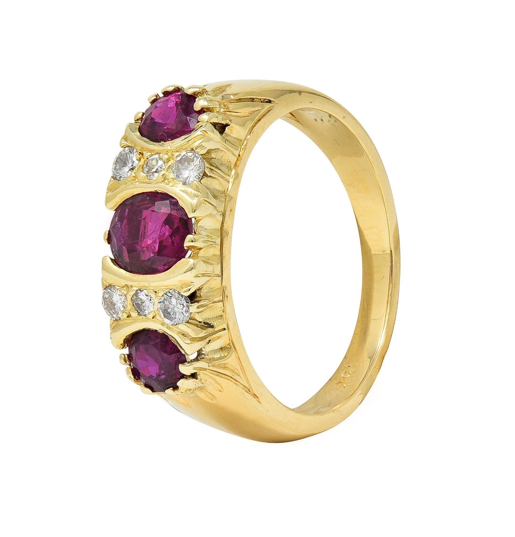 1980's 1.25 CTW Ruby Diamond 18 Karat Yellow Gold Vintage Band Ring For Sale 3