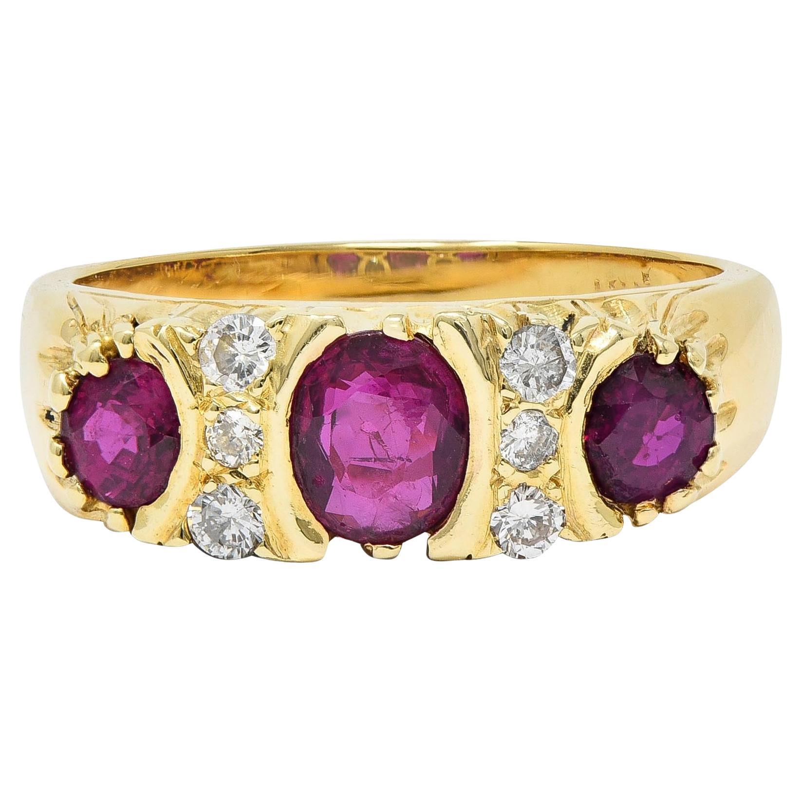 1980's 1.25 CTW Ruby Diamond 18 Karat Yellow Gold Vintage Band Ring For Sale