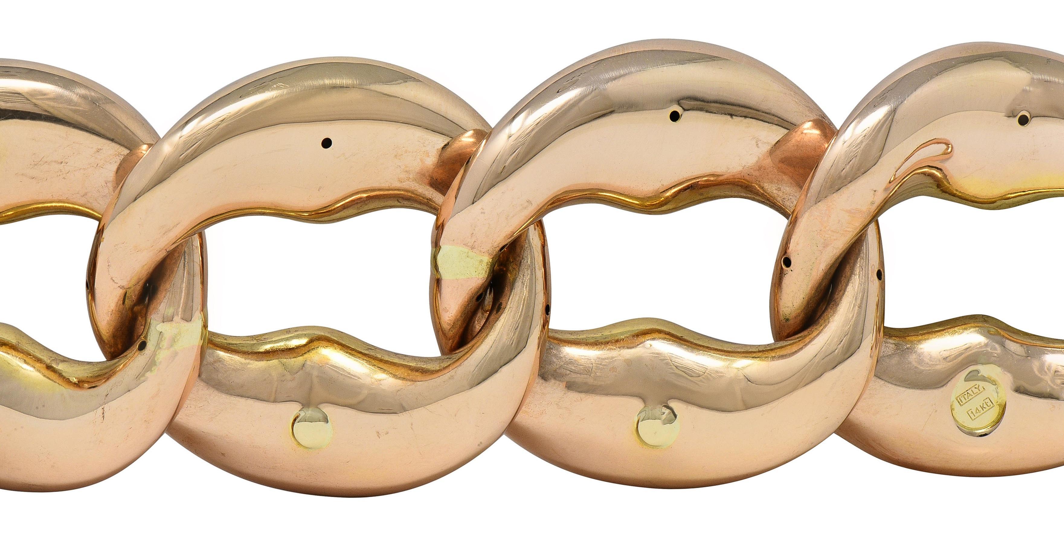 1980er Jahre 14 Karat zweifarbiges gerafftes Vintage-Gliederarmband aus Roségold mit Puff im Angebot 2
