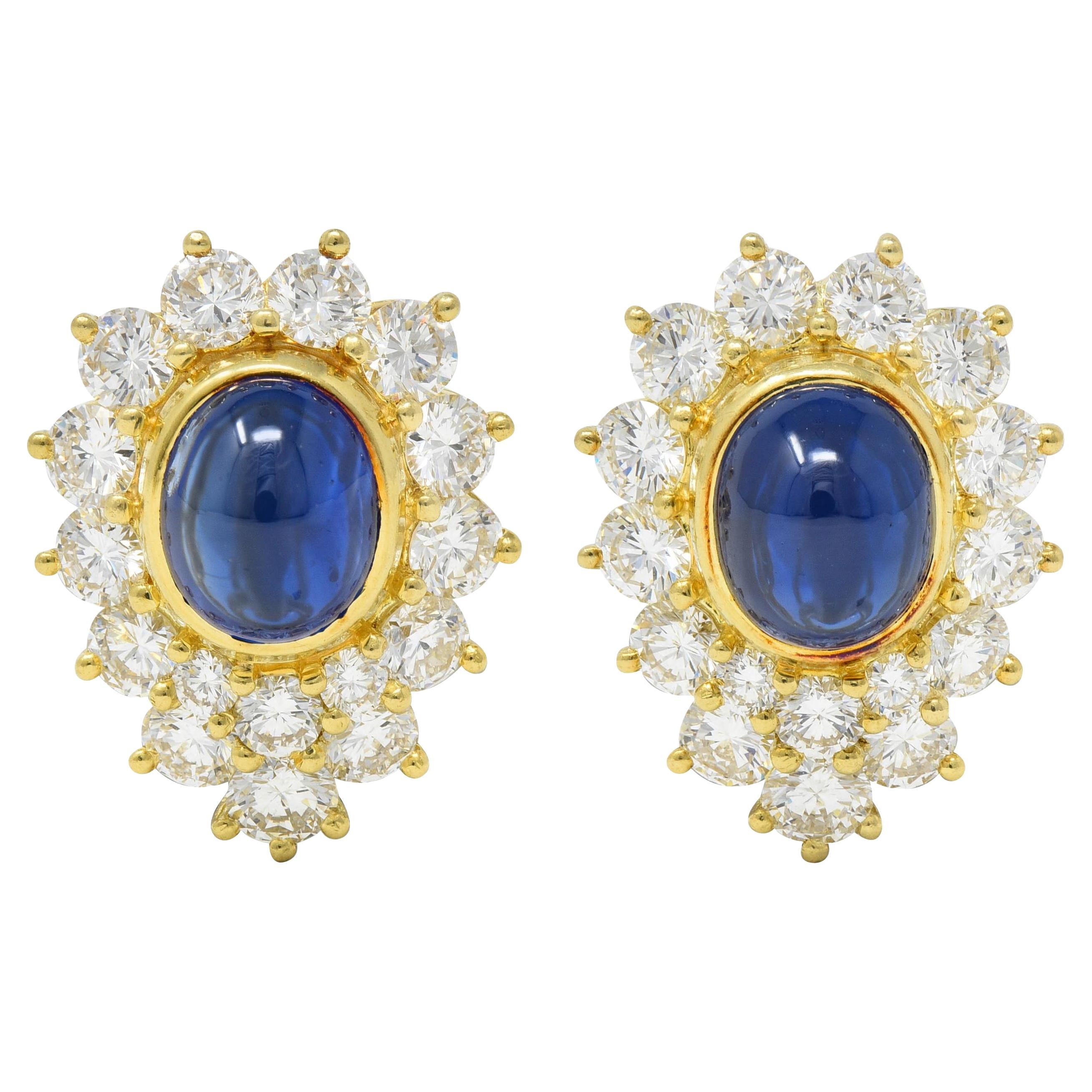 1980's 14.56 CTW Sapphire Diamond Cluster 18K Gold Vintage Cluster Earrrings For Sale