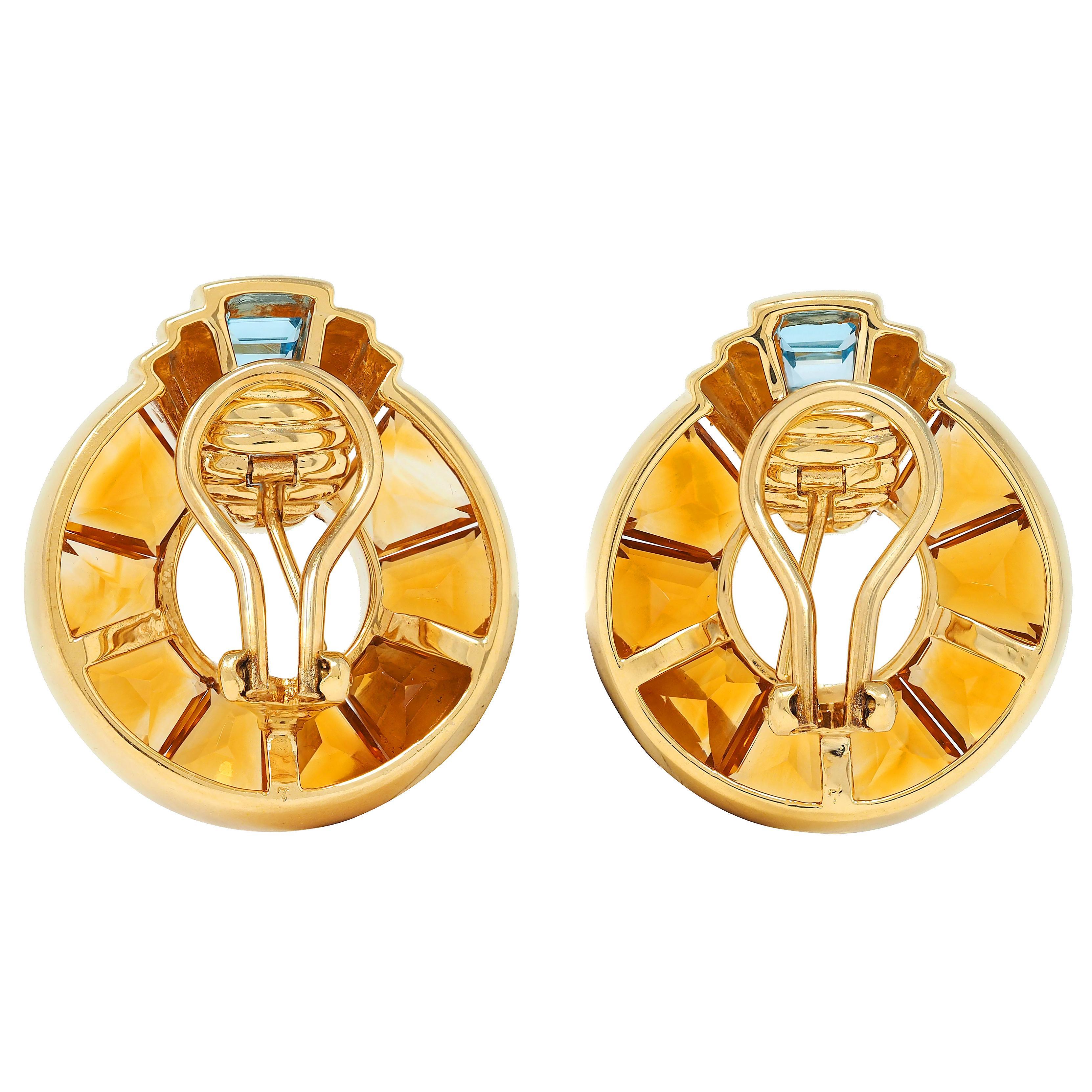1980's 14.60 CTW Topacio Citrino Oro de 18 Kilates Pendientes de Disco Geométricos Vintage Baguette cónica en venta