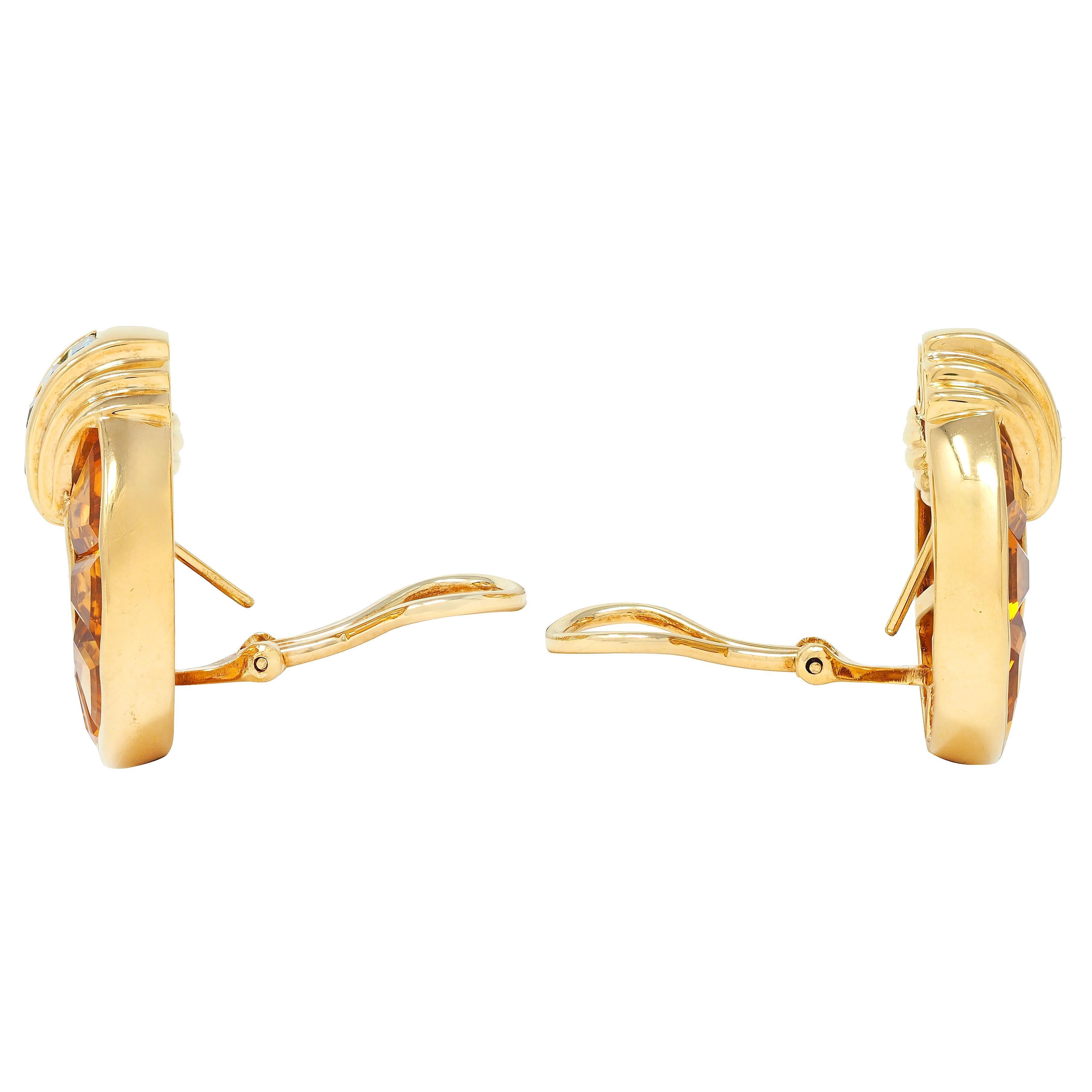 1980's 14.60 CTW Topacio Citrino Oro de 18 Kilates Pendientes de Disco Geométricos Vintage en Excelente estado para la venta en Philadelphia, PA