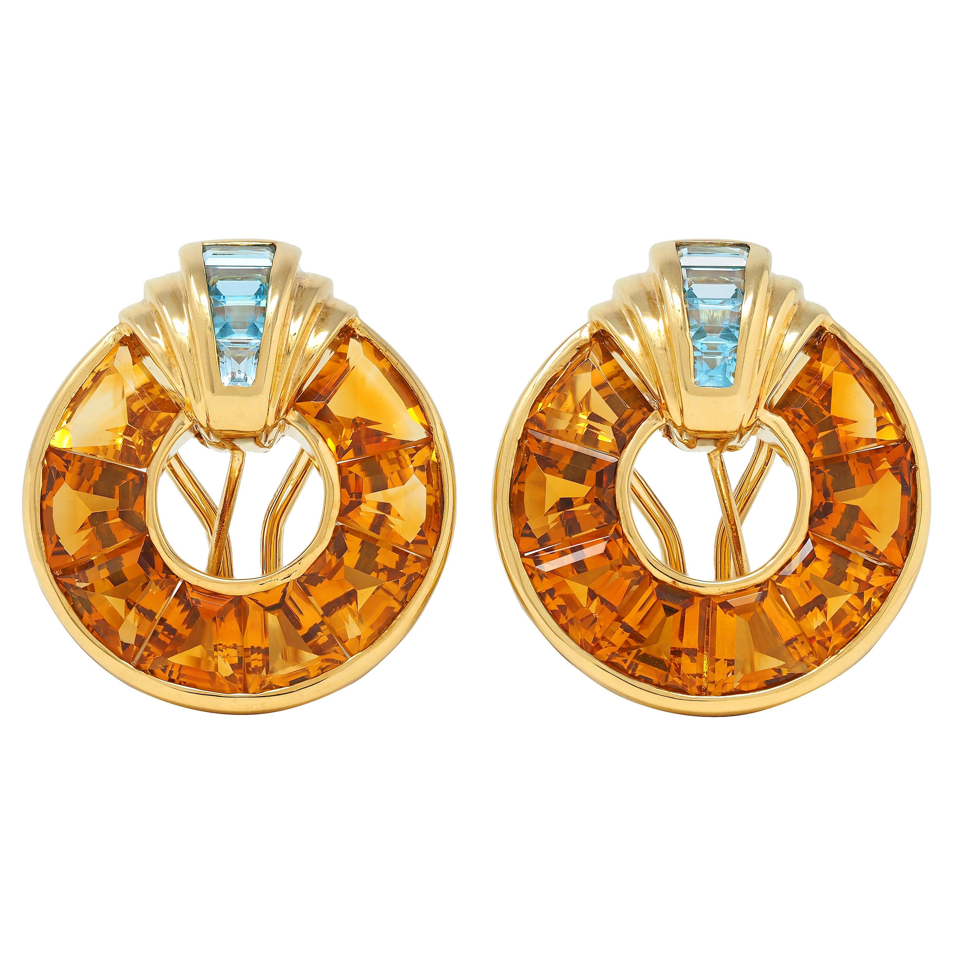 1980's 14.60 CTW Topas Citrin 18 Karat Gold Vintage Geometrische Scheibenohrringe