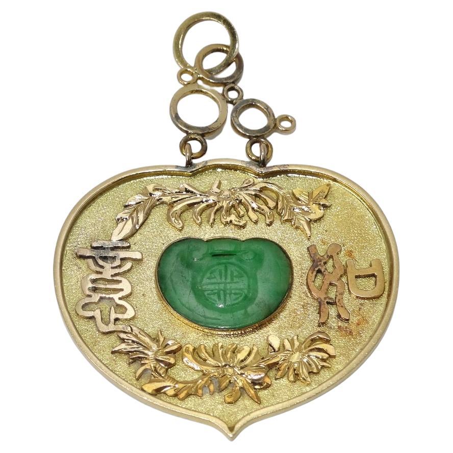 Pendentif en or 14K des années 1980 en forme de coeur en jade en vente