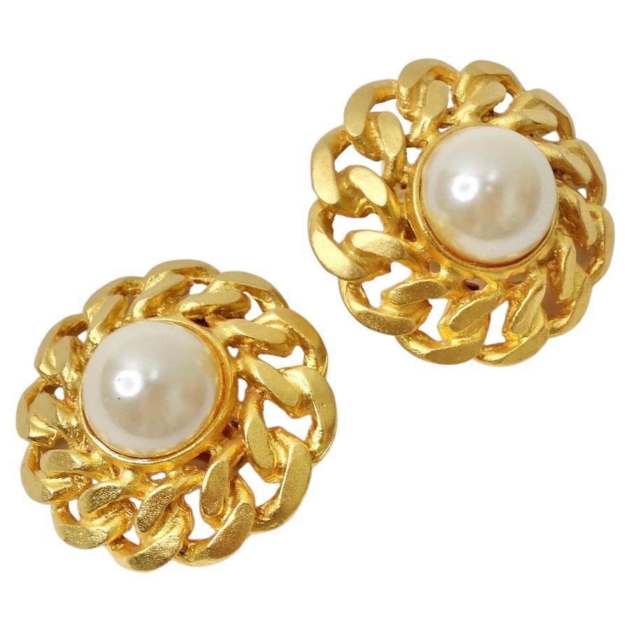 1980s 14K Gold Plated Faux Pearl Earrings For Sale
