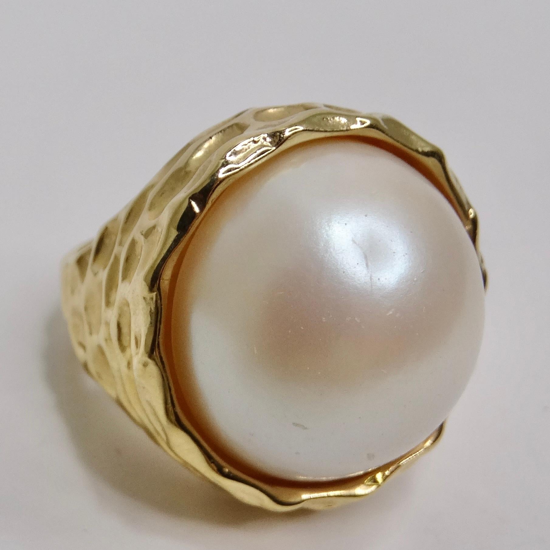1980s 14K Gold Plated Synthetic Pearl Ring In Excellent Condition In Scottsdale, AZ