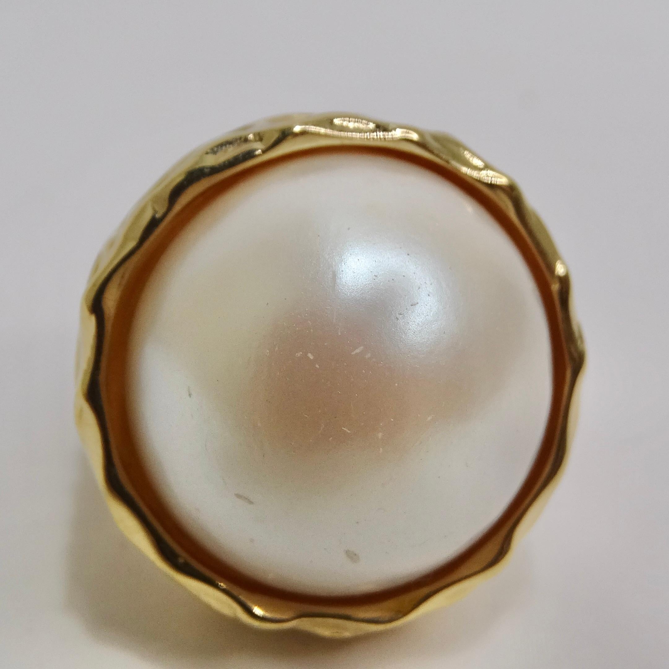 Women's or Men's 1980s 14K Gold Plated Synthetic Pearl Ring