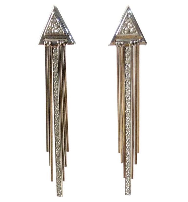 Bead 1980s 14 Karat White Gold Diamond Fringed Disco Earrings For Sale