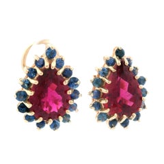 1980s 14K Yellow Gold Natural Reddish Pink Tourmaline and Blue Sapphire Earrings