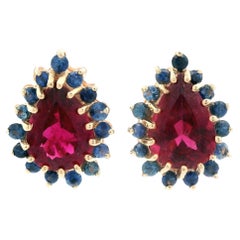 1980s 14K Yellow Gold Natural Reddish Pink Tourmaline and Blue Sapphire Earrings