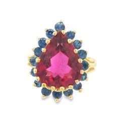Anello anni '80 in oro giallo 14K con tormalina rossa e zaffiro blu naturale