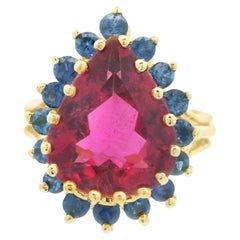 1980s 14K Yellow Gold Reddish Tourmaline and Natural Blue Sapphire Ring