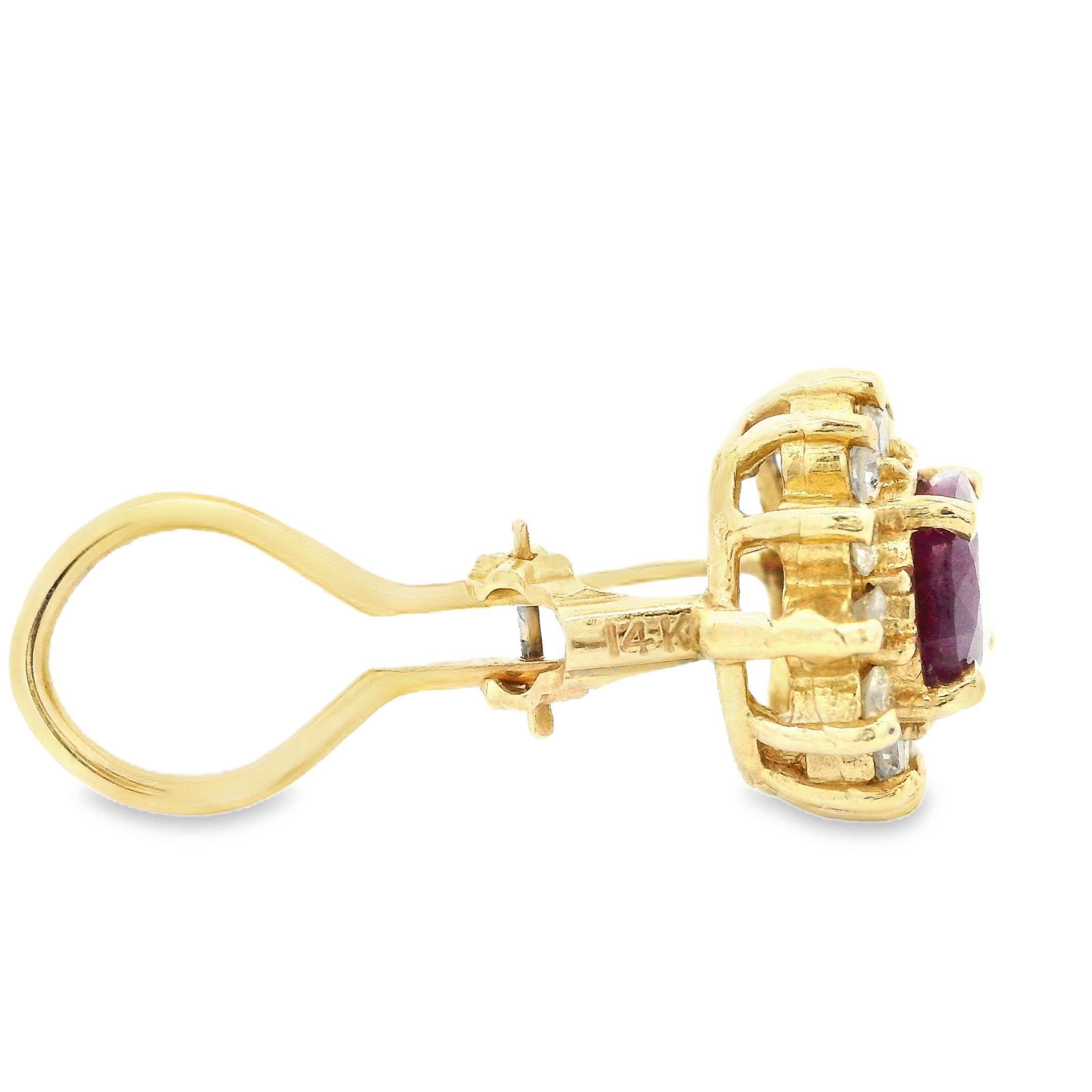 1980s 14k Yellow Gold Ruby & Diamond Lever Back Earrings For Sale 2