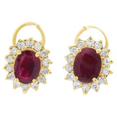 1980s 14k Yellow Gold Ruby & Diamond Lever Back Earrings