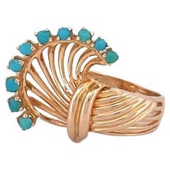 1980s 14k Yellow Gold Turquoise Wave Ring