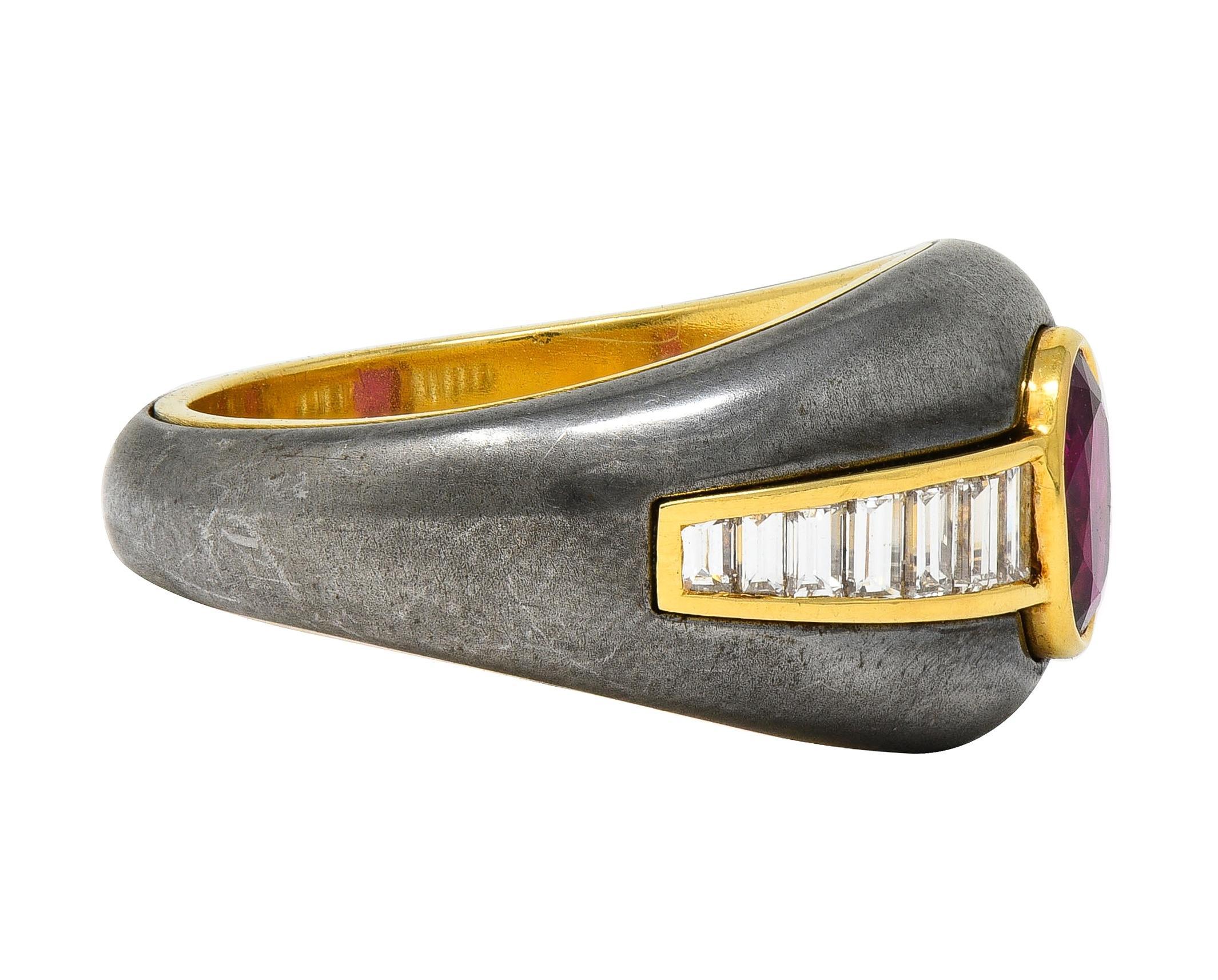 Modern 1980's 1.54 CTW Ruby Diamond Hematite 18 Karat Yellow Gold Vintage Ring GIA For Sale