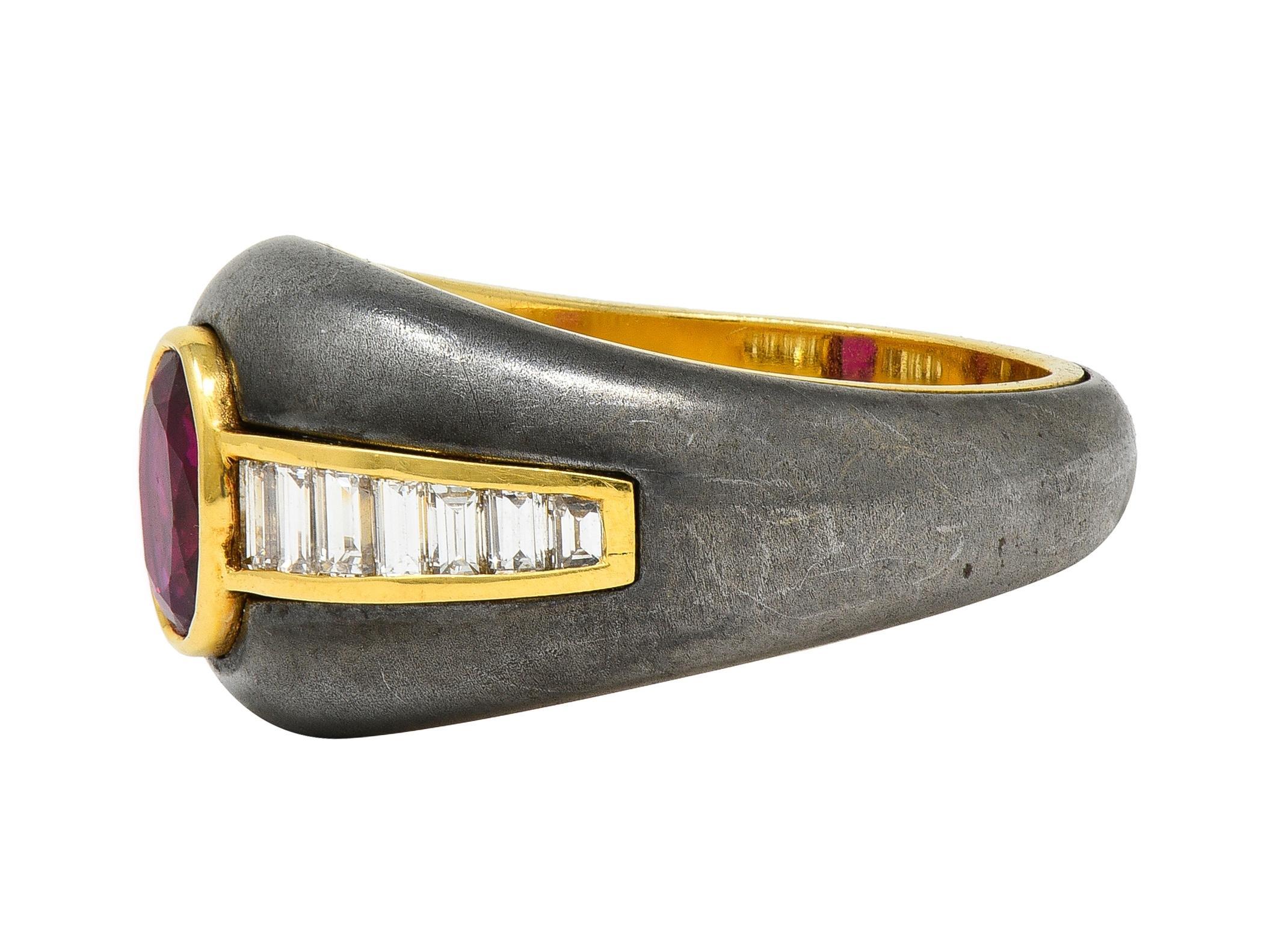 Oval Cut 1980's 1.54 CTW Ruby Diamond Hematite 18 Karat Yellow Gold Vintage Ring GIA For Sale