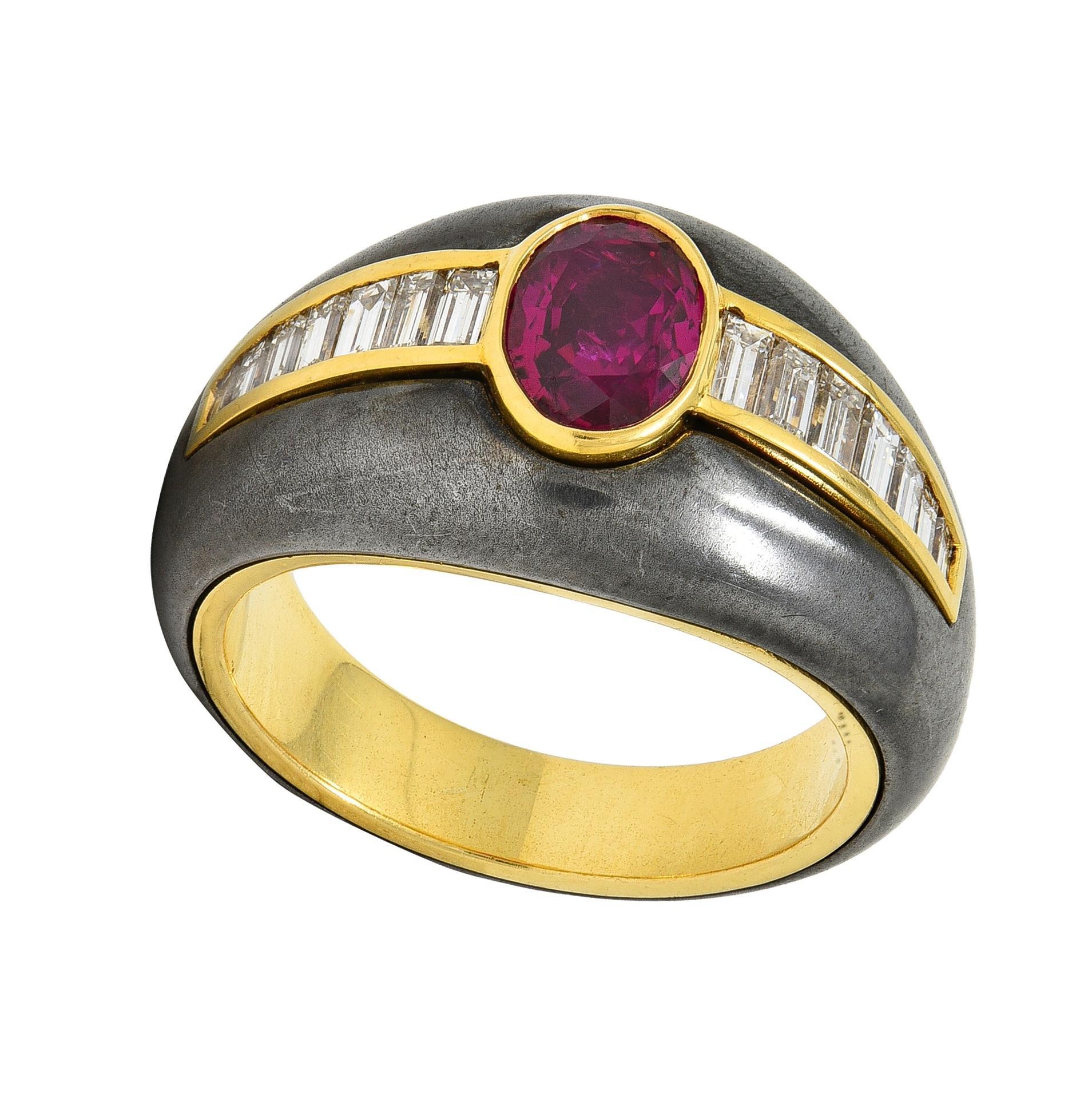 Women's or Men's 1980's 1.54 CTW Ruby Diamond Hematite 18 Karat Yellow Gold Vintage Ring GIA For Sale