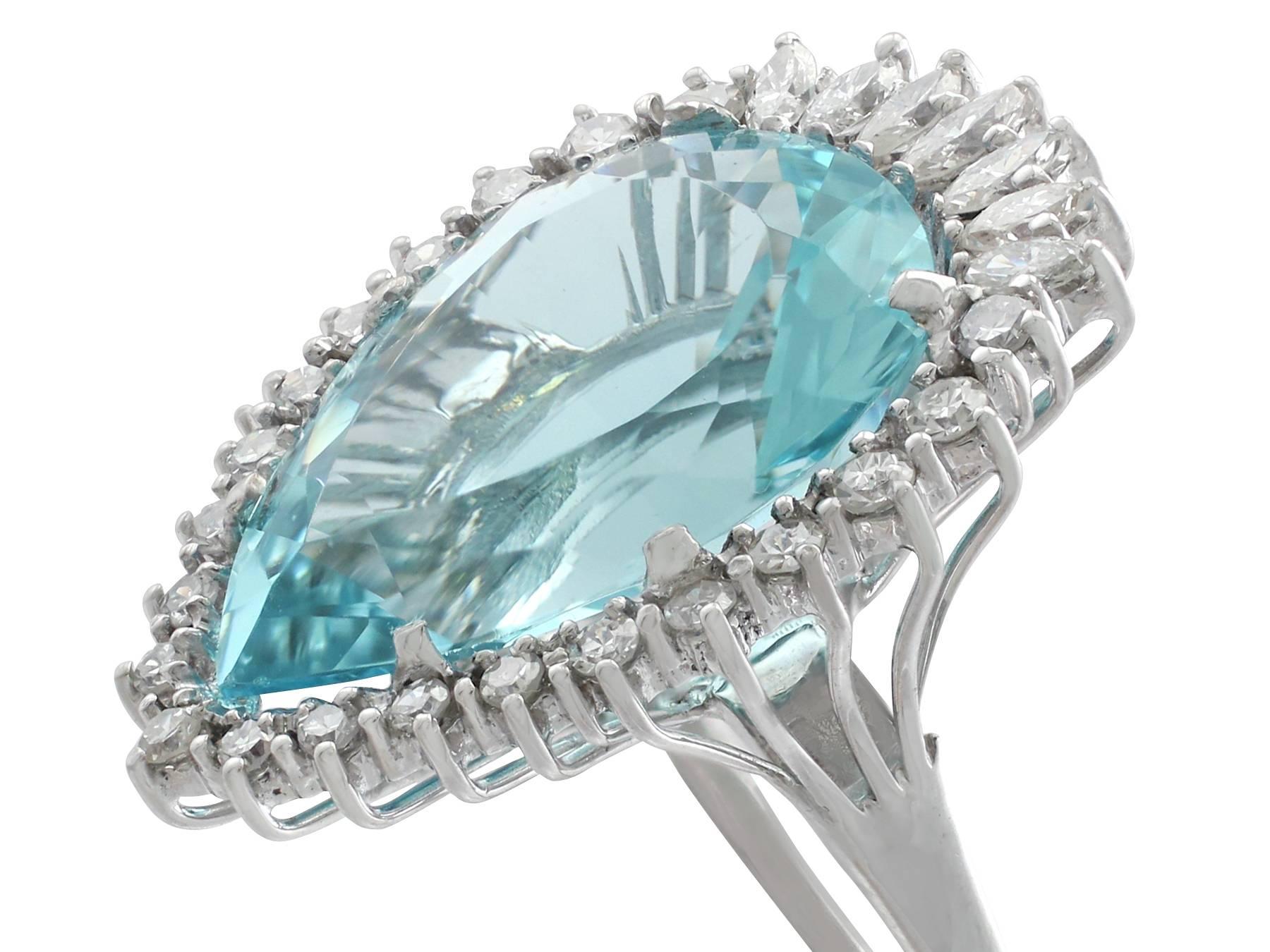 A stunning vintage 15.64 carat aquamarine and 1.96 carat diamond, 18 karat white gold cocktail ring; part of our diverse vintage jewelry collections

This stunning, fine and impressive pear cut aquamarine ring has been crafted in 18k white