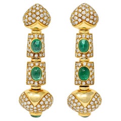 1980s 15.64 Emerald Diamond 18 Karat Yellow Gold Pavé Vintage Drop Earrings