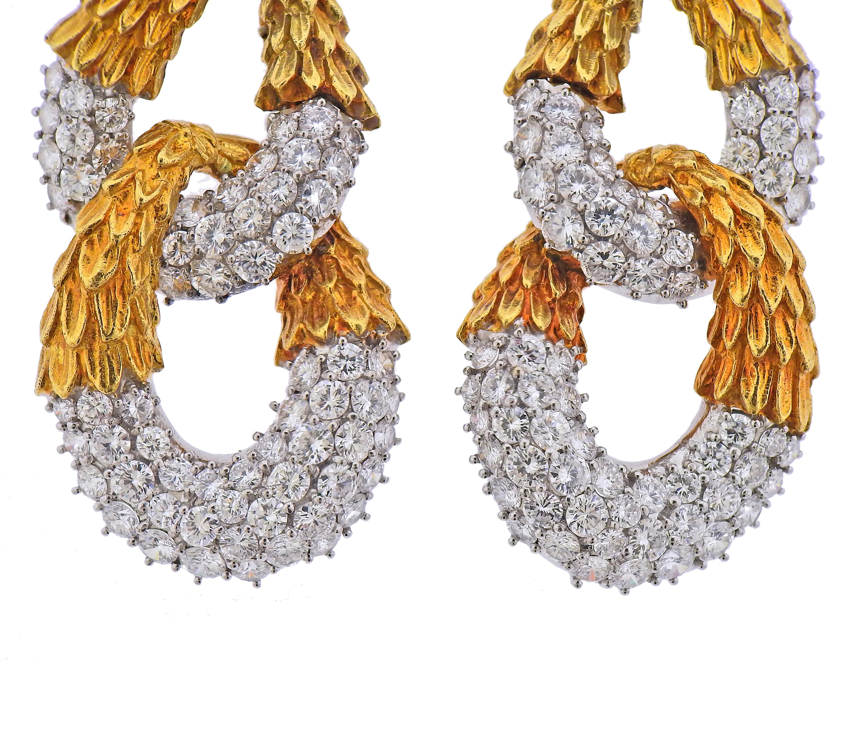 Pair of vintage, circa 1980s impressive earrings with approx. 16 carats in G/VS-Si1 diamonds.   Earrings are 55mm x 27mm.  Weight - 38.5 grams.  