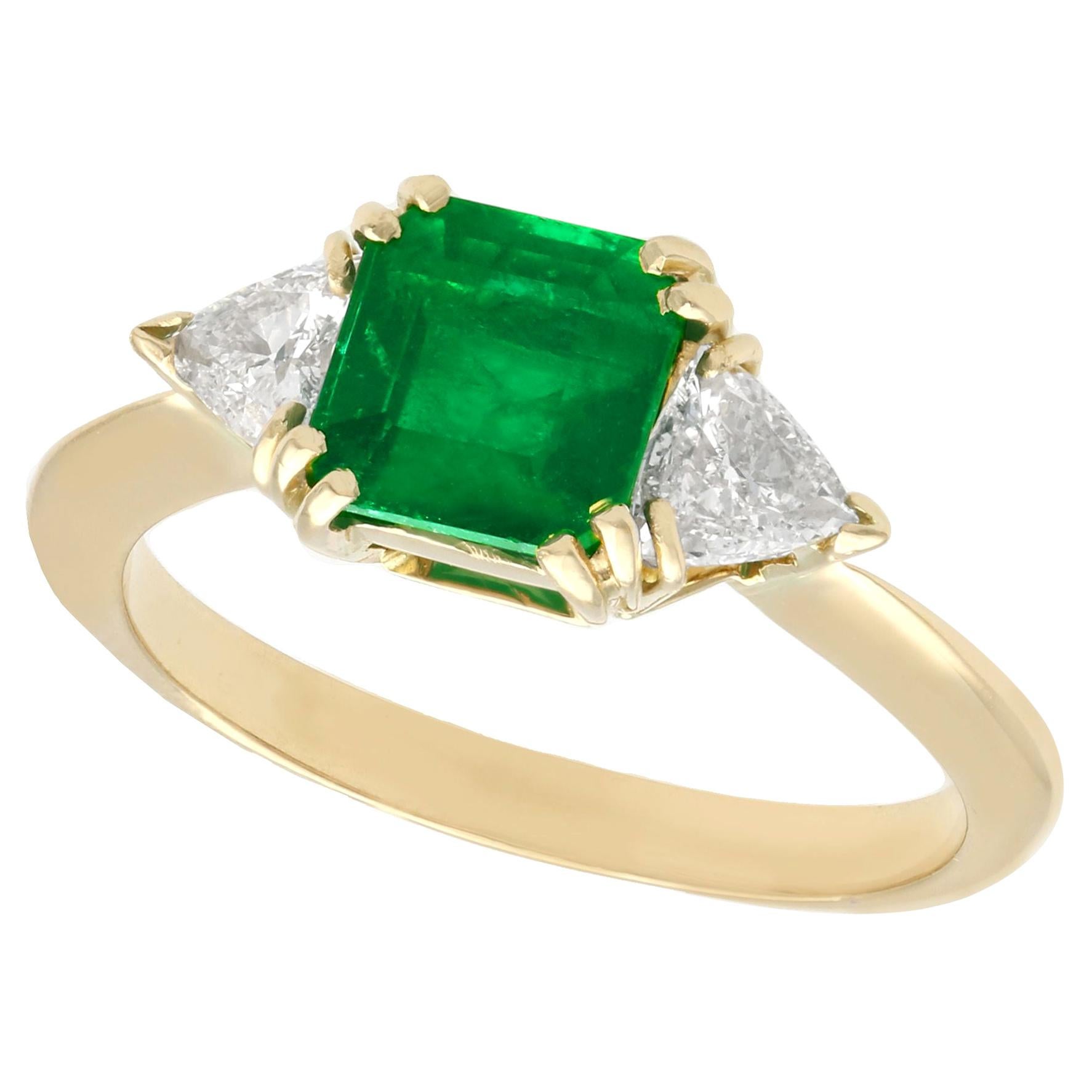 1980s 1.65 Carat Emerald and Diamond 18k Yellow Gold Trilogy Ring