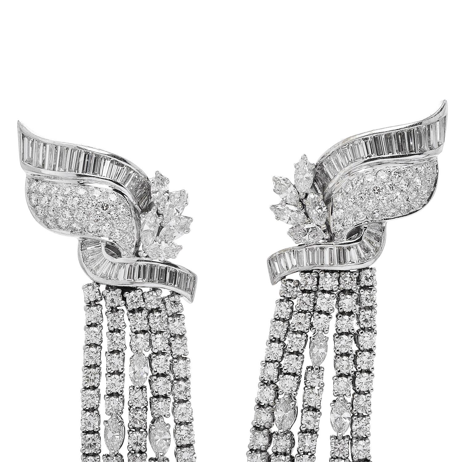Marquise Cut 1980's 16.72 Carat Diamond 18k Gold Chandelier Dangle Clip Earrings