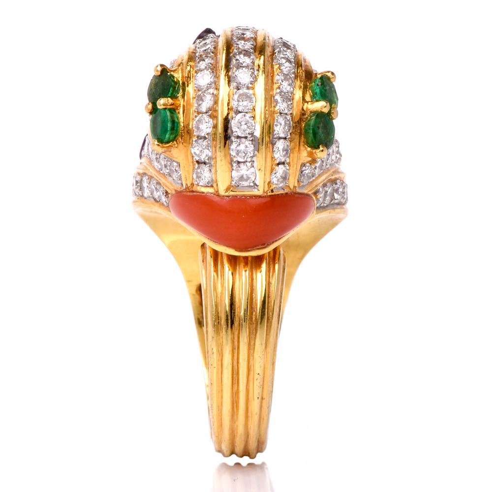 Emerald Cut 1980s 18 karat Diamond Amethyst Coral Emerald Animal Cocktail Gold Ring