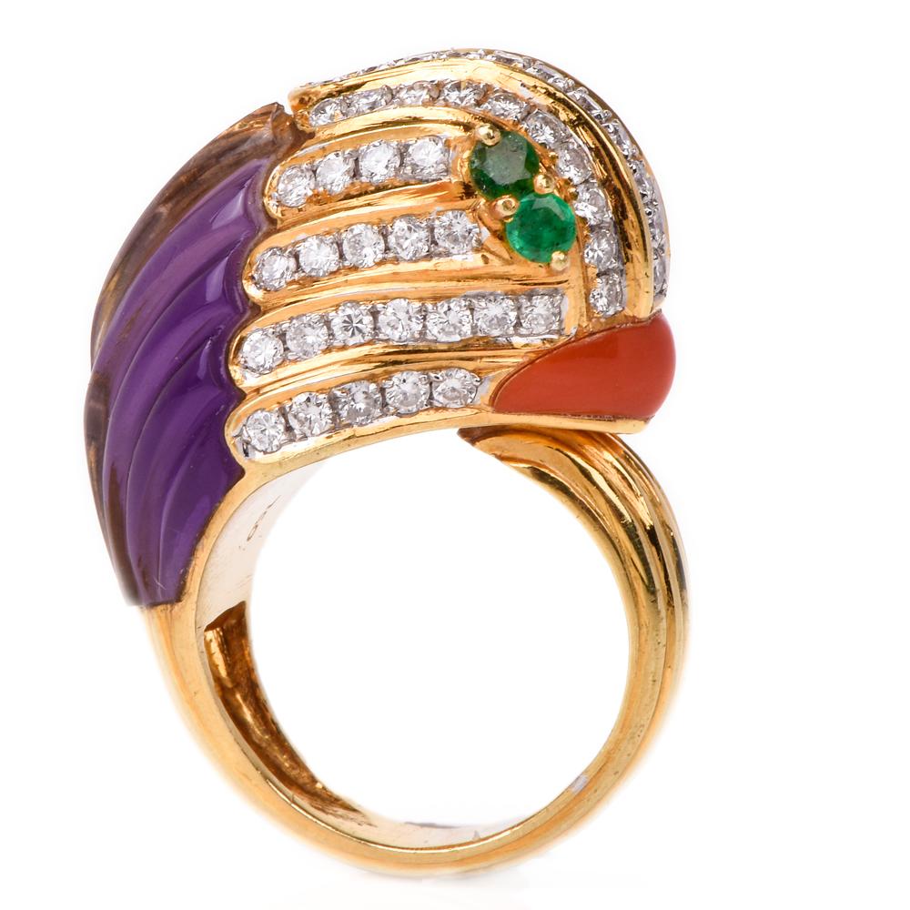 1980s 18 karat Diamond Amethyst Coral Emerald Animal Cocktail Gold Ring In Excellent Condition In Miami, FL