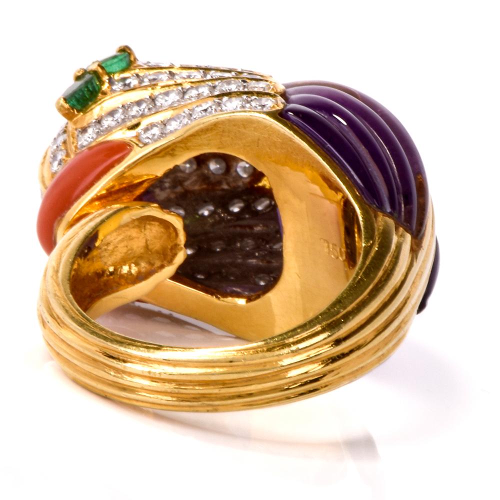 Women's 1980s 18 karat Diamond Amethyst Coral Emerald Animal Cocktail Gold Ring