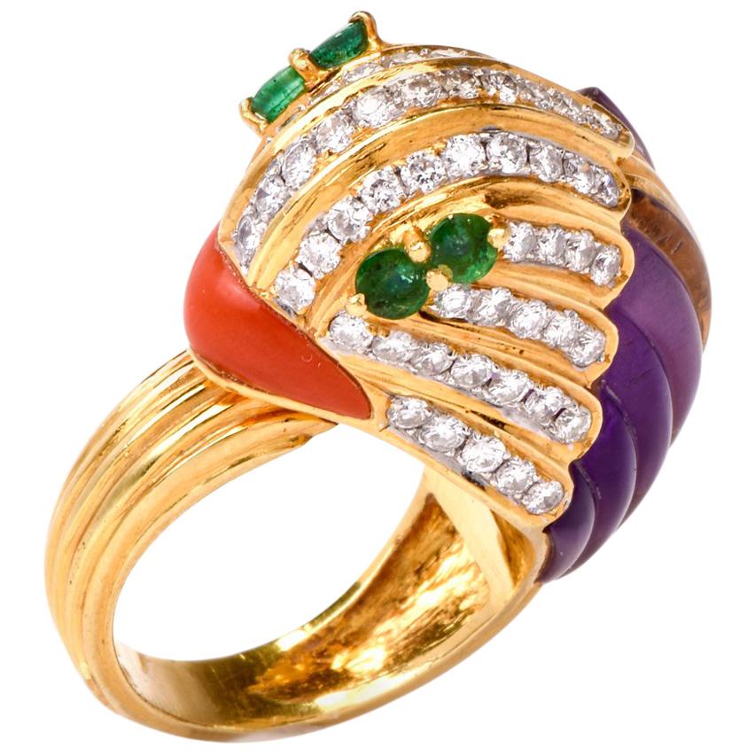 1980s 18 karat Diamond Amethyst Coral Emerald Animal Cocktail Gold Ring
