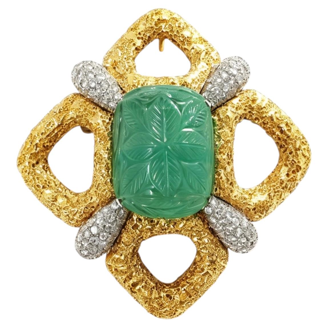 1980's 18 Karat Gold Carved Emerald and Diamond Brooch