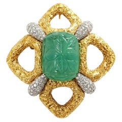 1980's 18 Karat Gold Carved Emerald and Diamond Brooch