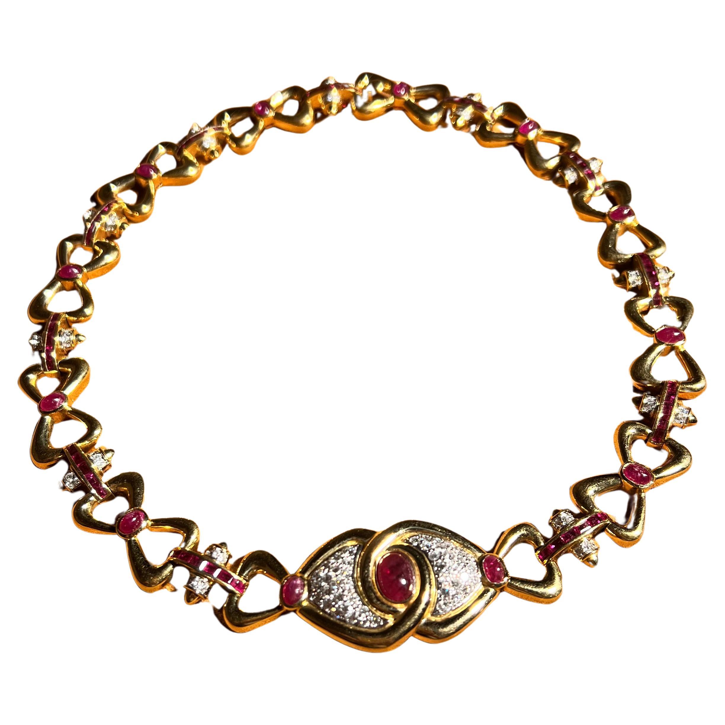 1980s 18 Karat Gold, Ruby and Diamond Necklace For Sale