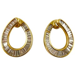 1980s 18 Karat Yellow Gold Small Hoop with Emerald Cut Diamonds Earrings