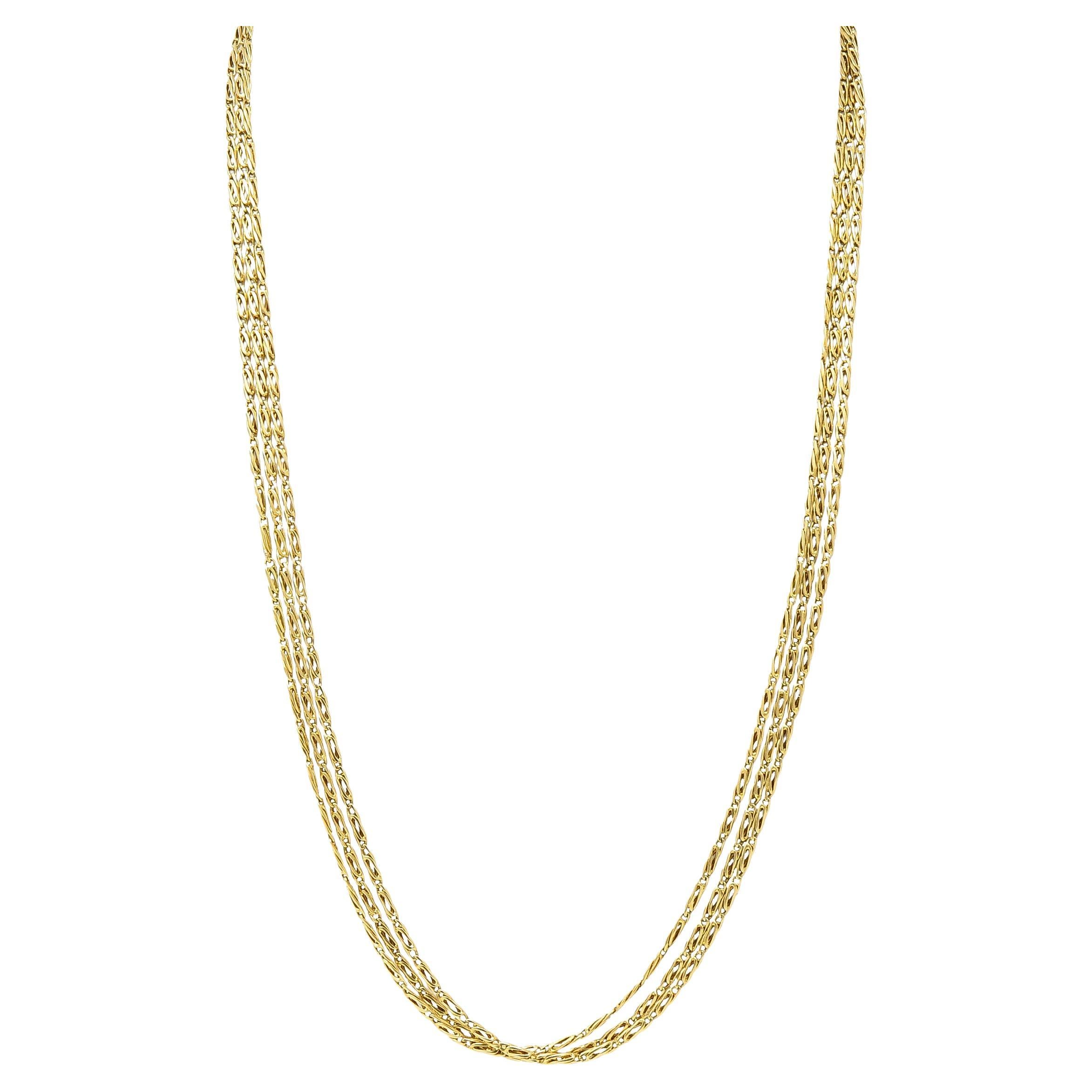1980s 18 Karat Yellow Gold Three Stand Scroll Link Vintage Chain Necklace For Sale