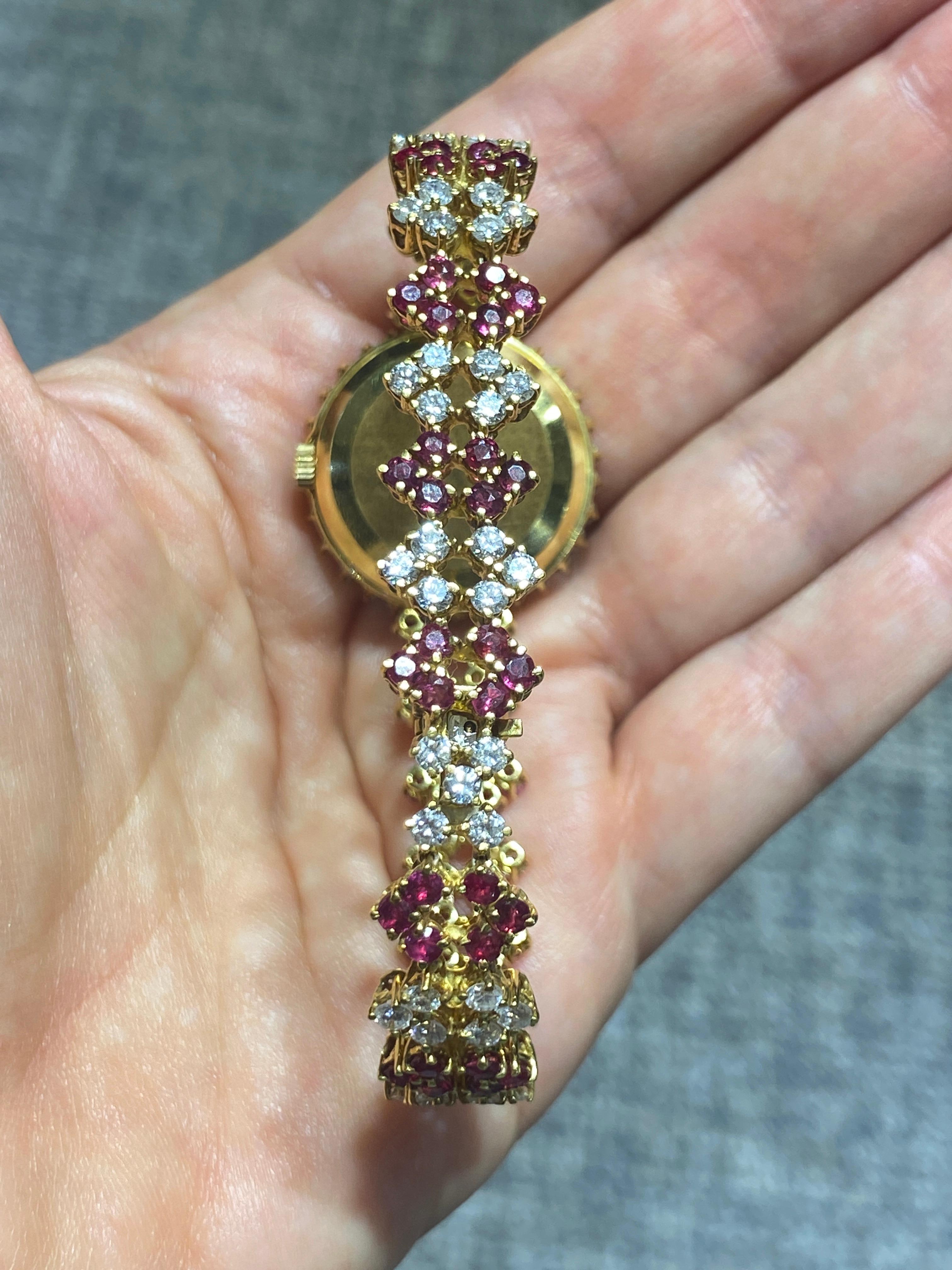 Women's 1980s 18k gold Omega watch adorned with diamonds and rubies For Sale