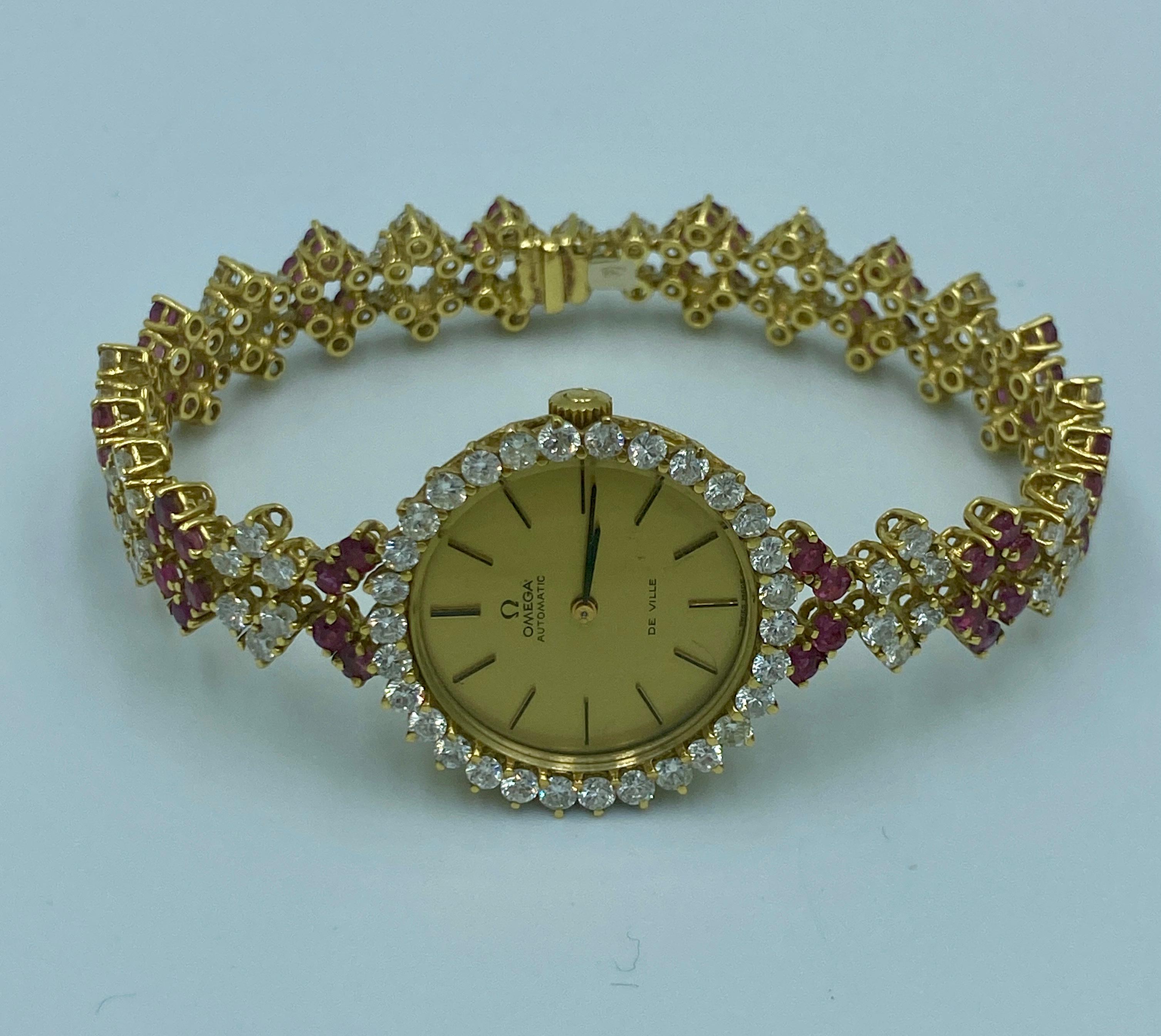 1980s 18k gold Omega watch adorned with diamonds and rubies For Sale 2