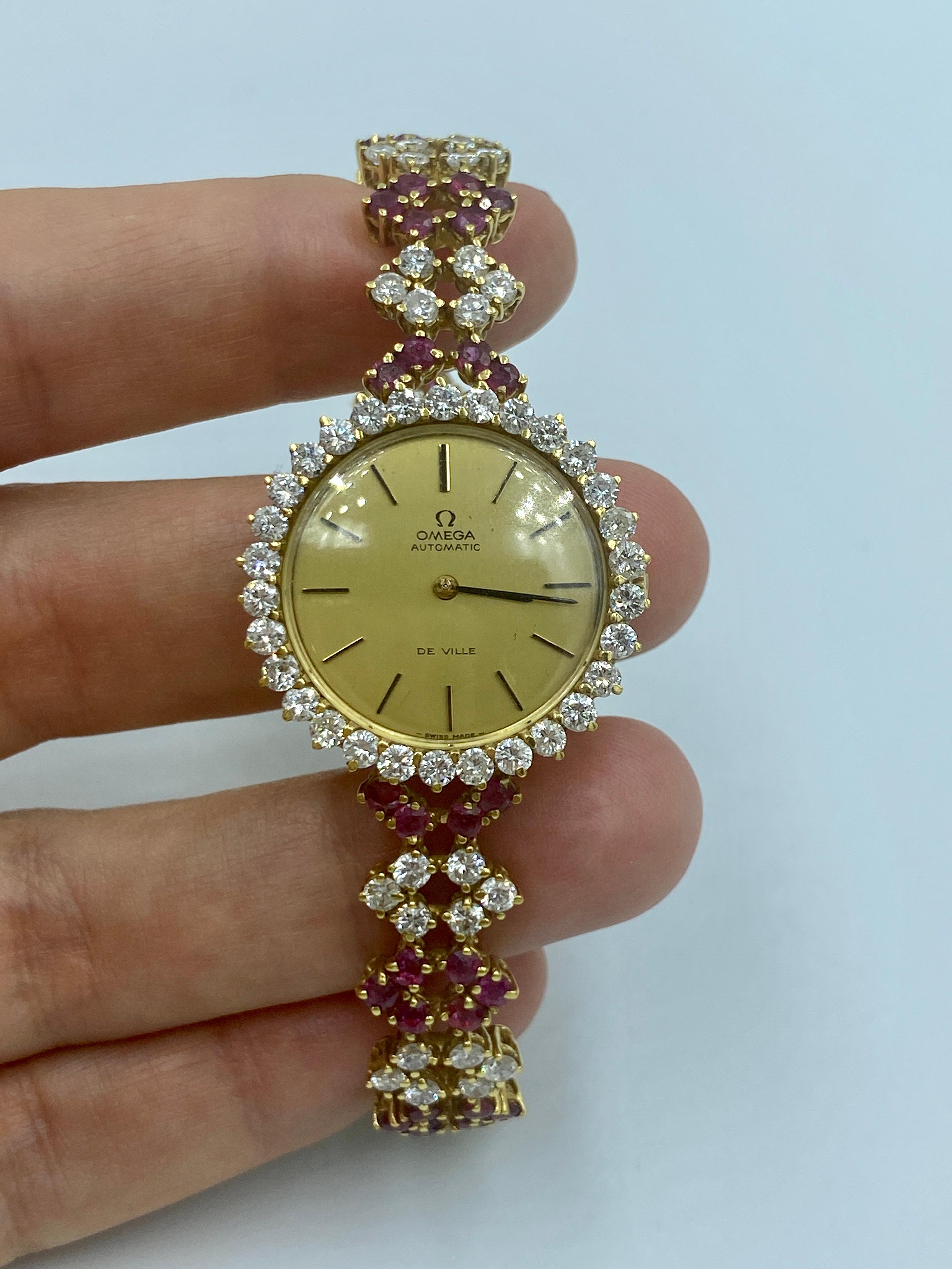 1980s 18k gold Omega watch adorned with diamonds and rubies For Sale 3