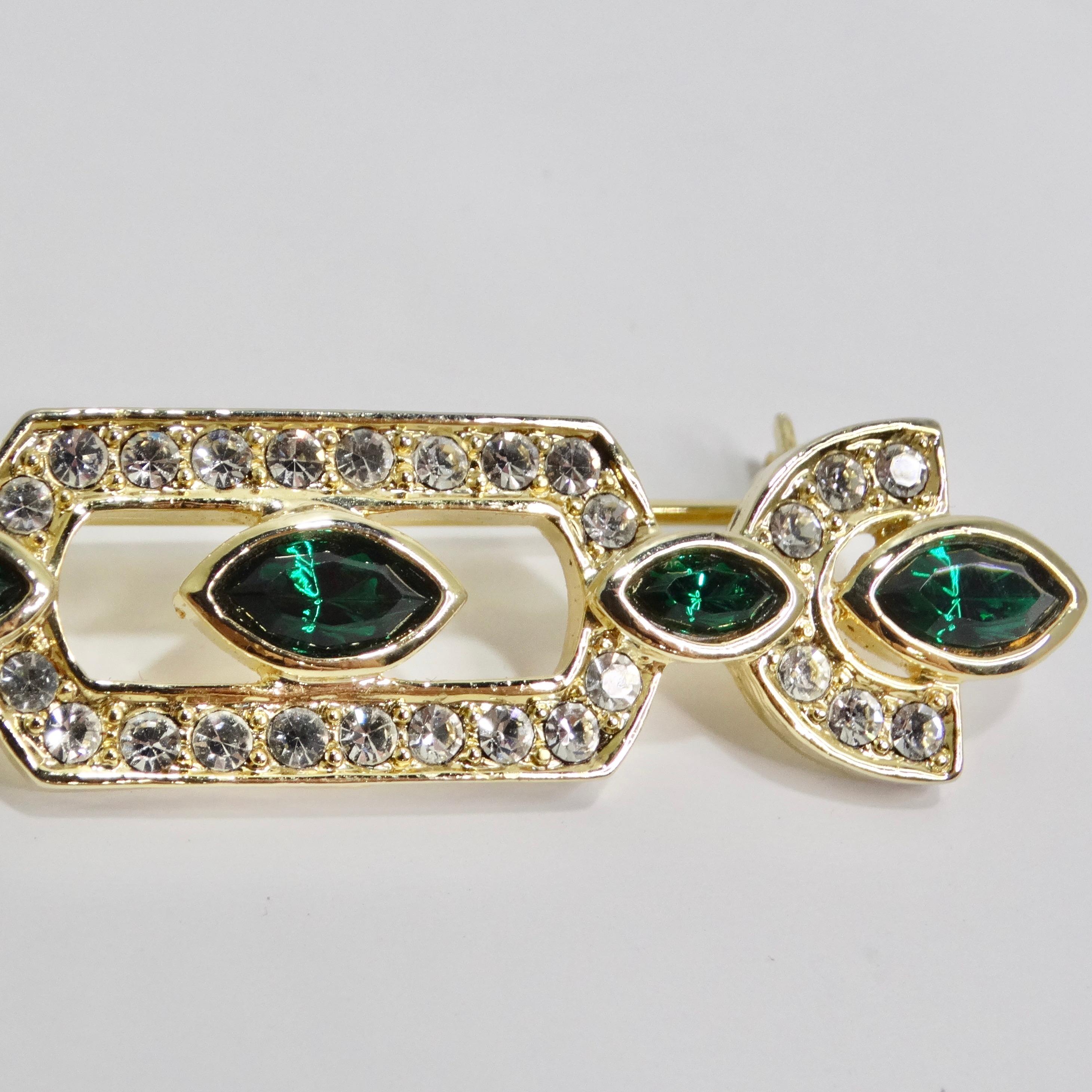 1980s 18K Gold Plated Synthetic Emerald Brooch In Excellent Condition For Sale In Scottsdale, AZ
