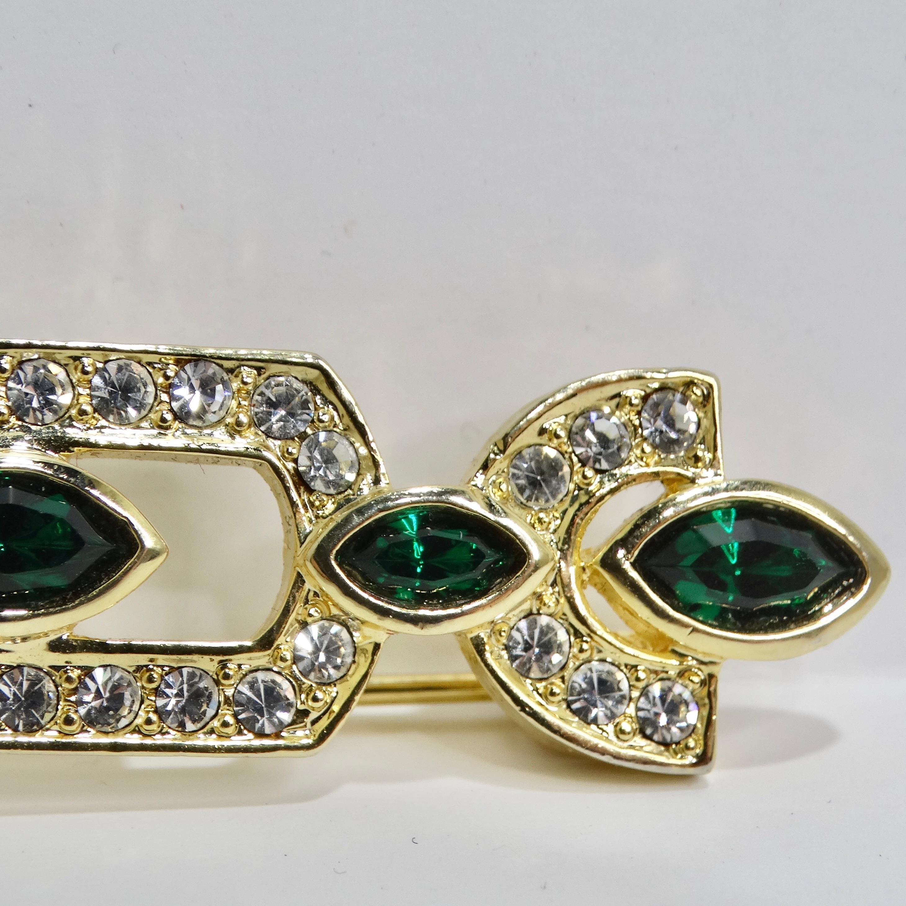 1980s 18K Gold Plated Synthetic Emerald Brooch For Sale 4