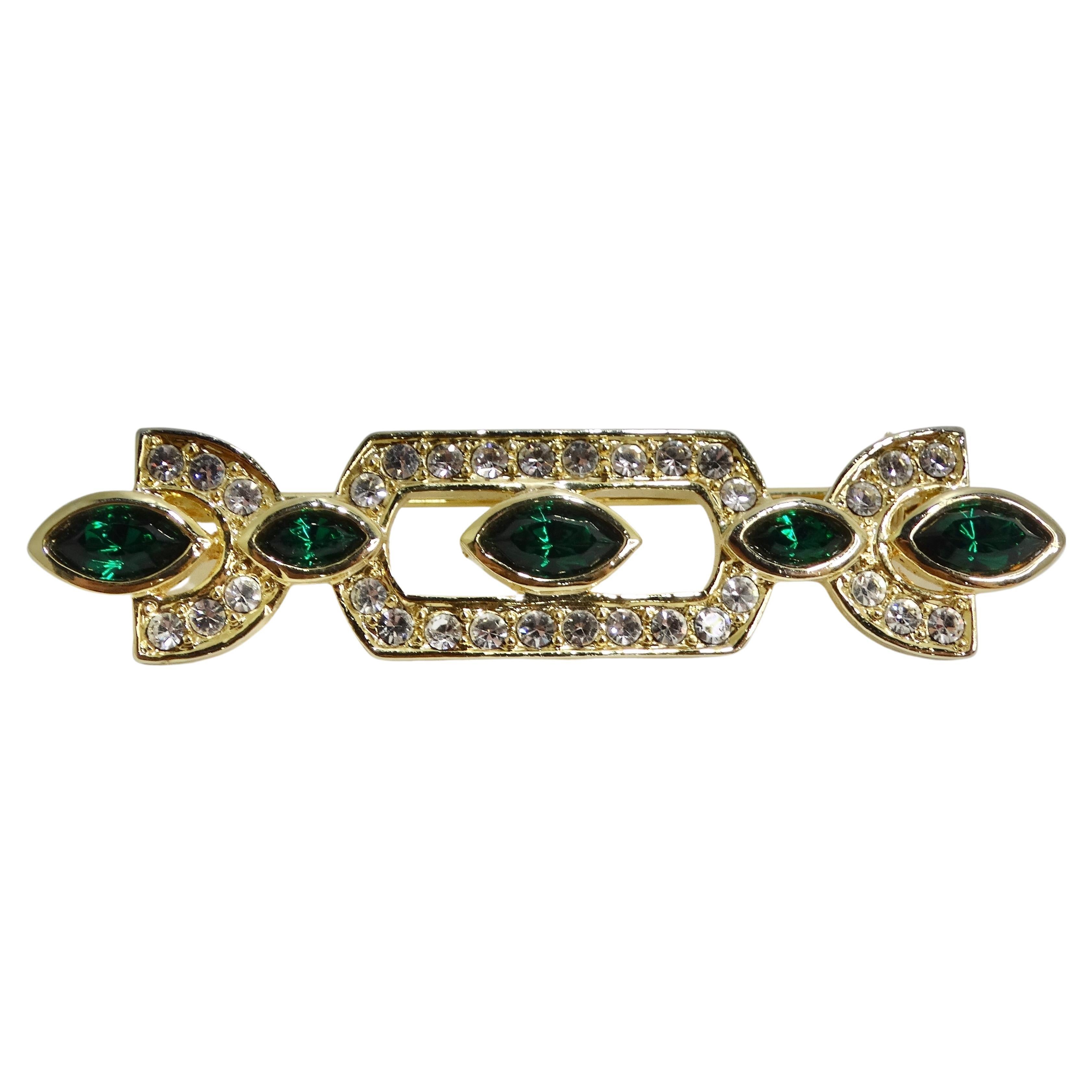 1980s 18K Gold Plated Synthetic Emerald Brooch For Sale