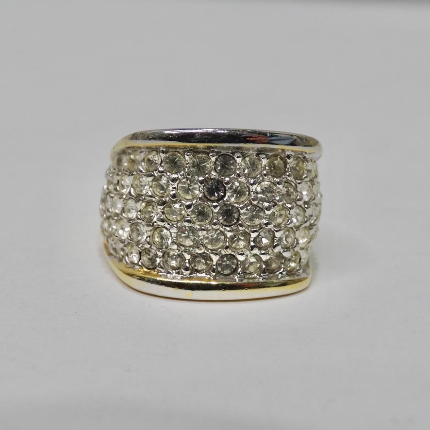 Beautiful 18K HGE Gold cocktail ring circa 1980s! Timeless understated style cocktail ring featuring a beautiful 18K HGE gold contrasting an extensive arrangement of silver circle cut rhinestones. This is the perfect ring for stacking with other