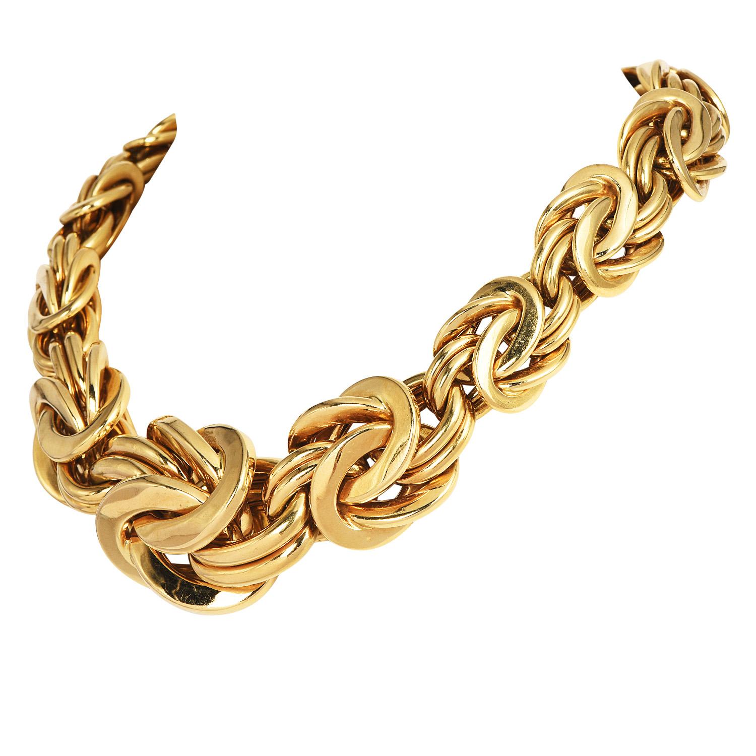 Retro 1980s 18K Yellow Gold Byzantine Graduated Woven Link Necklace 279.5 Grams For Sale