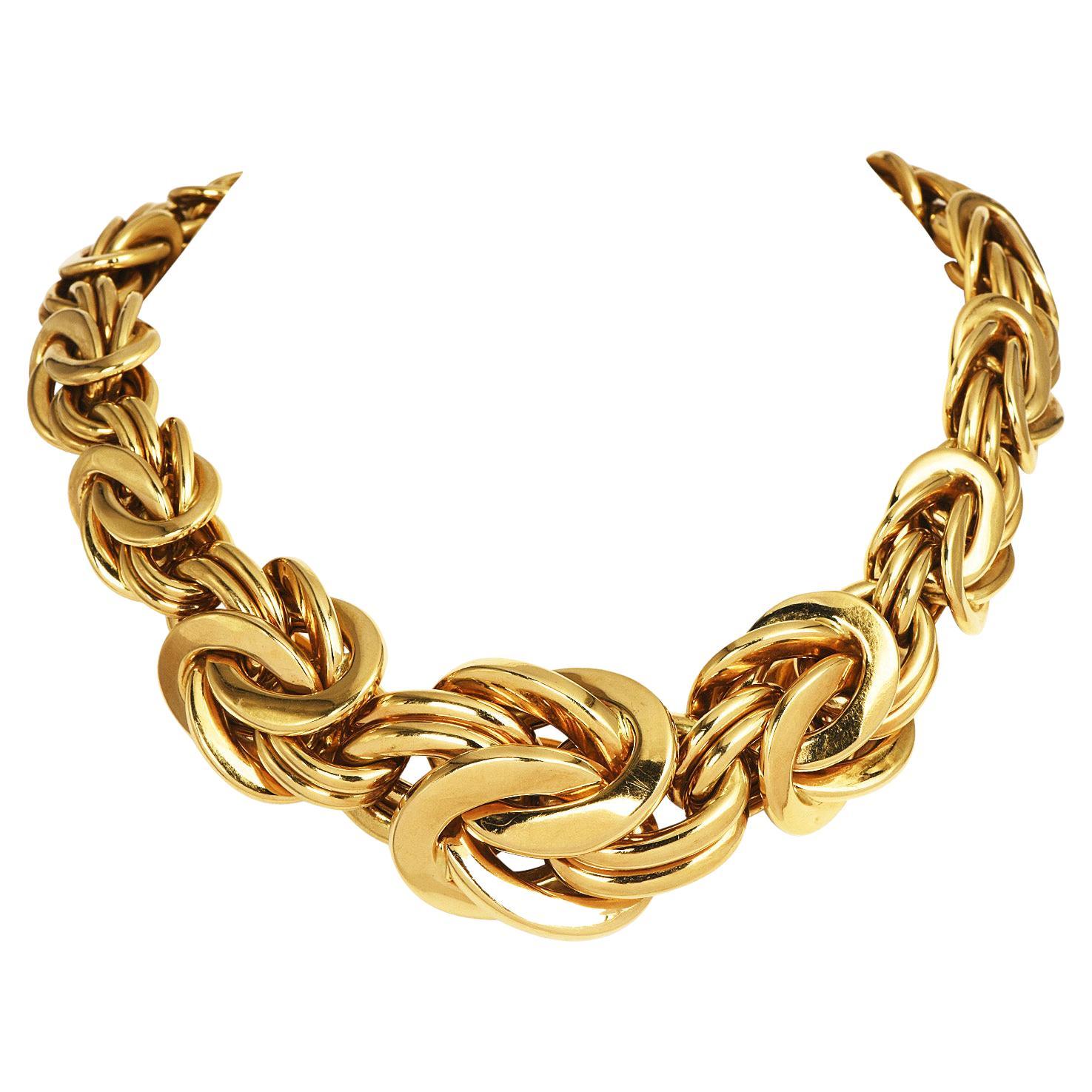 1980s 18K Yellow Gold Byzantine Graduated Woven Link Necklace 279.5 Grams For Sale